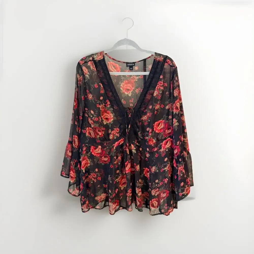 Torrid Top Blouse Black Sheer Red Rose Babydoll Chiffon Floral Plus Size 2 2X